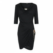 RICHMOND Women Dress 42 L Black 3/4 Sleeve Detailed Round Neck Wrap