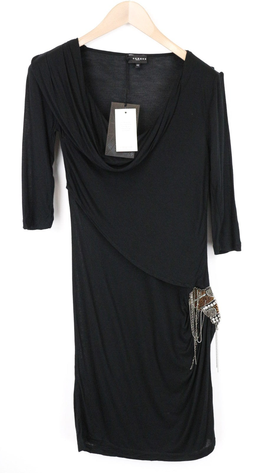 RICHMOND Women Dress 42 L Black 3/4 Sleeve Detailed Round Neck Wrap