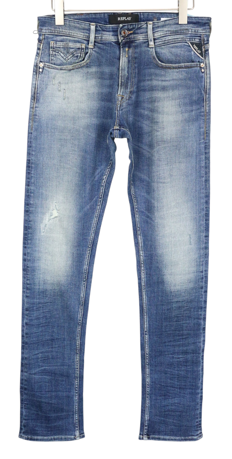 REPLAY Rob Men Jeans W30/L34 Straight Tapered Fit Washed Blue Cotton Stretch