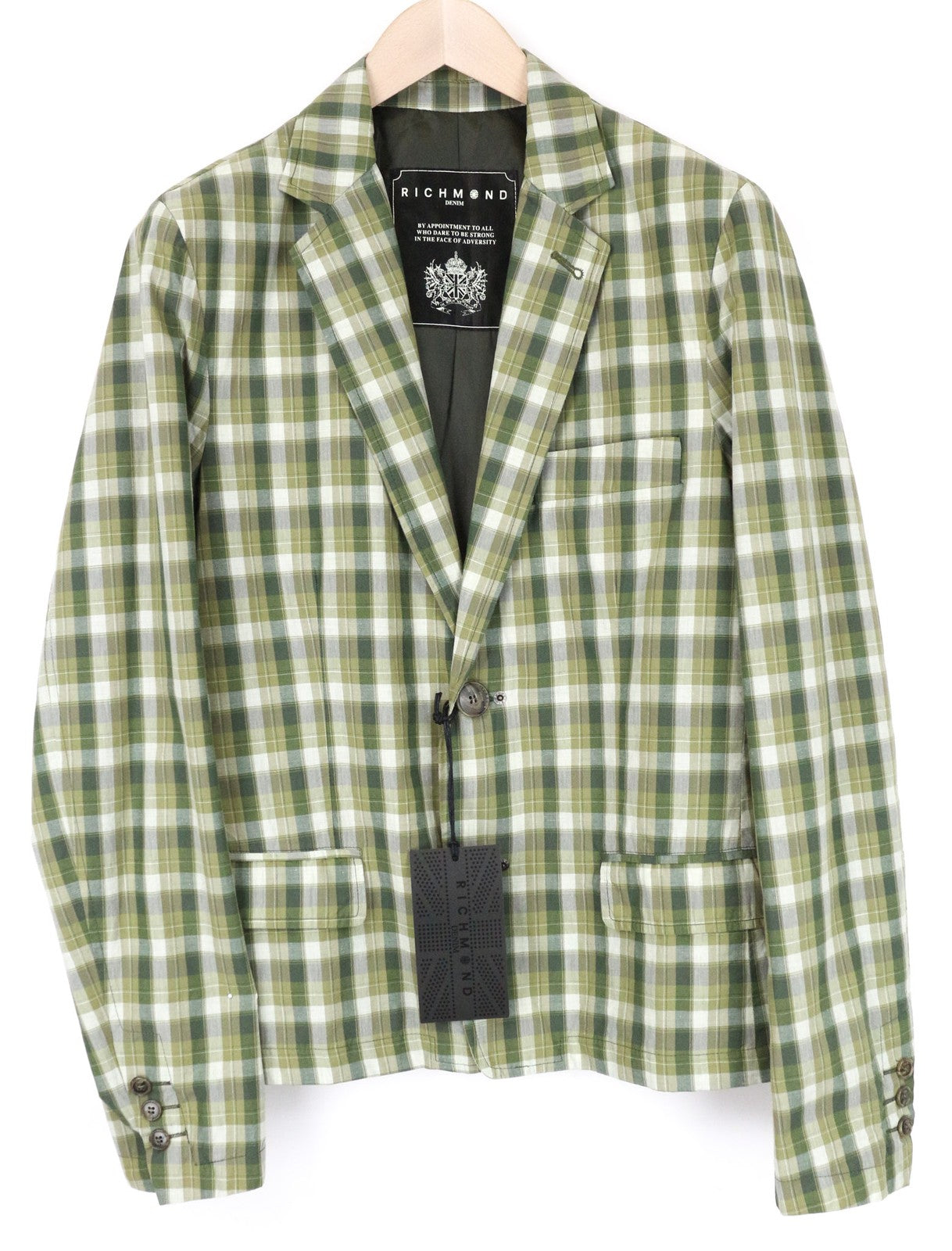 RICHMOND Men Blazer 48 M Green Pure Linen Checked Pattern Single-Breasted