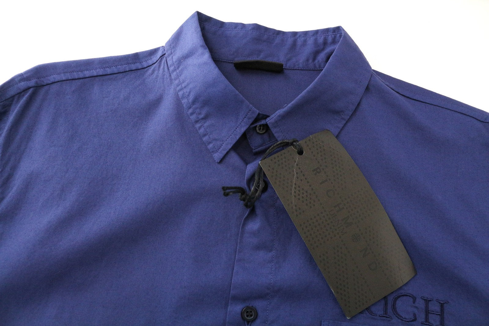 RICHMOND Men Shirt L Blue Cotton Stretch Long Sleeved Logo Pocketed