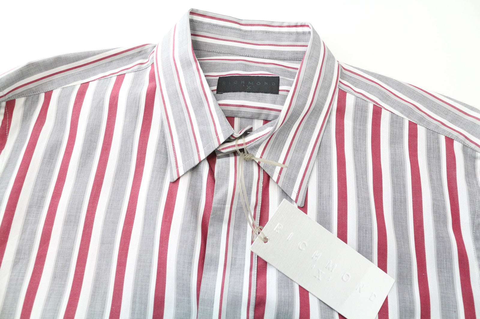 RICHMOND Men Shirt 48 M Grey Red Striped Button-Up Long Sleeve Pure Cotton