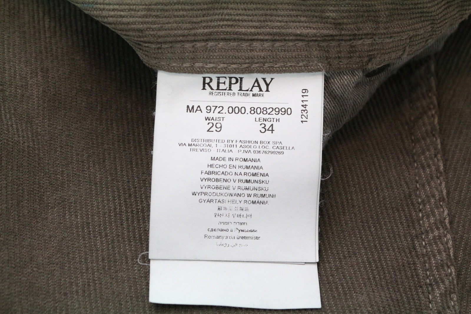 REPLAY Grover Men Trousers W29/L34 Straight Fit Brown Cotton Stretch Corduroy