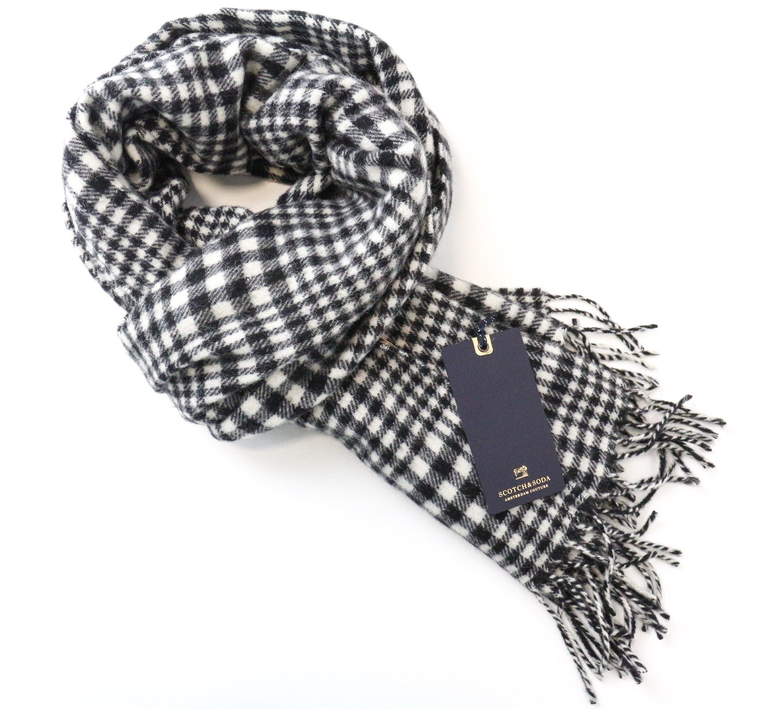 SCOTCH & SODA Ams Couture Men Scarf OS White Black Tassels Patterned Wool Blend