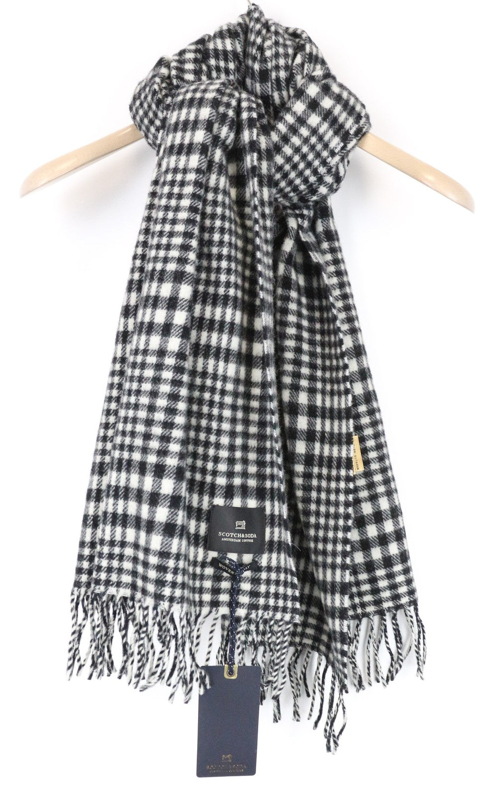 SCOTCH & SODA Ams Couture Men Scarf OS White Black Tassels Patterned Wool Blend