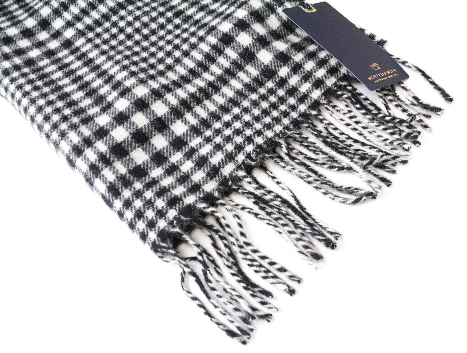 SCOTCH & SODA Ams Couture Men Scarf OS White Black Tassels Patterned Wool Blend