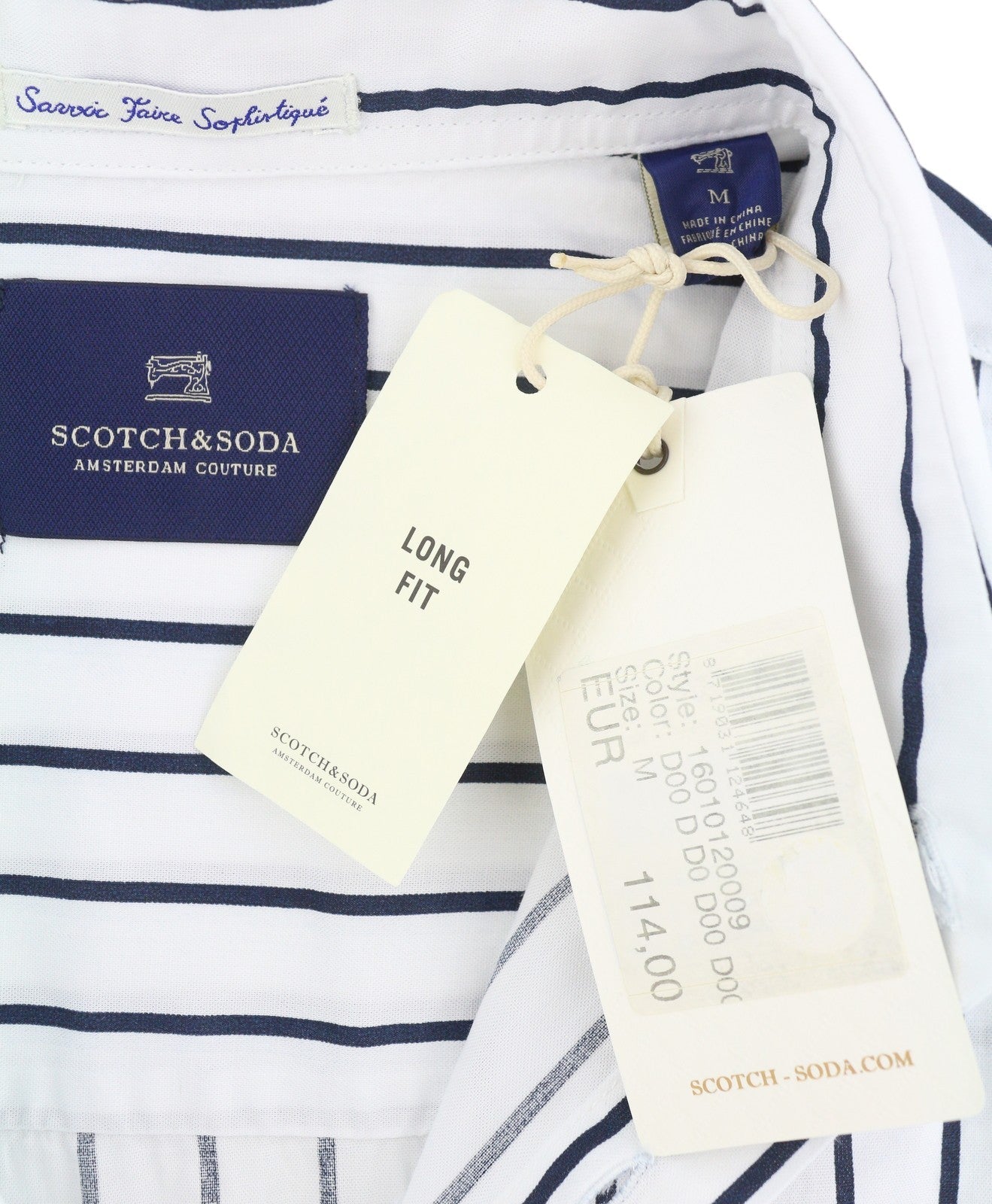 SCOTCH & SODA Men's Shirt M White Pinstripe Long Fit Button-Up Spread