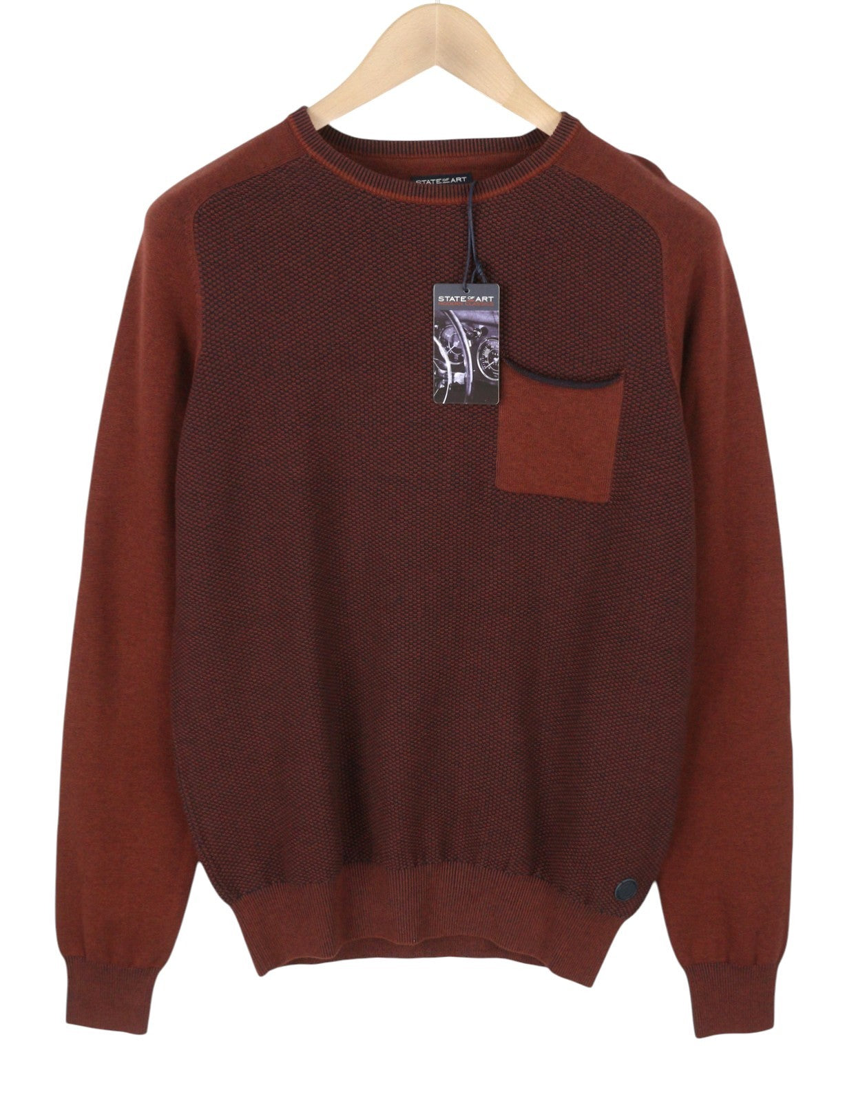 STATE OF ART Men's Jumper S Brown Melange Crew Neck Patch Pocket Pull On