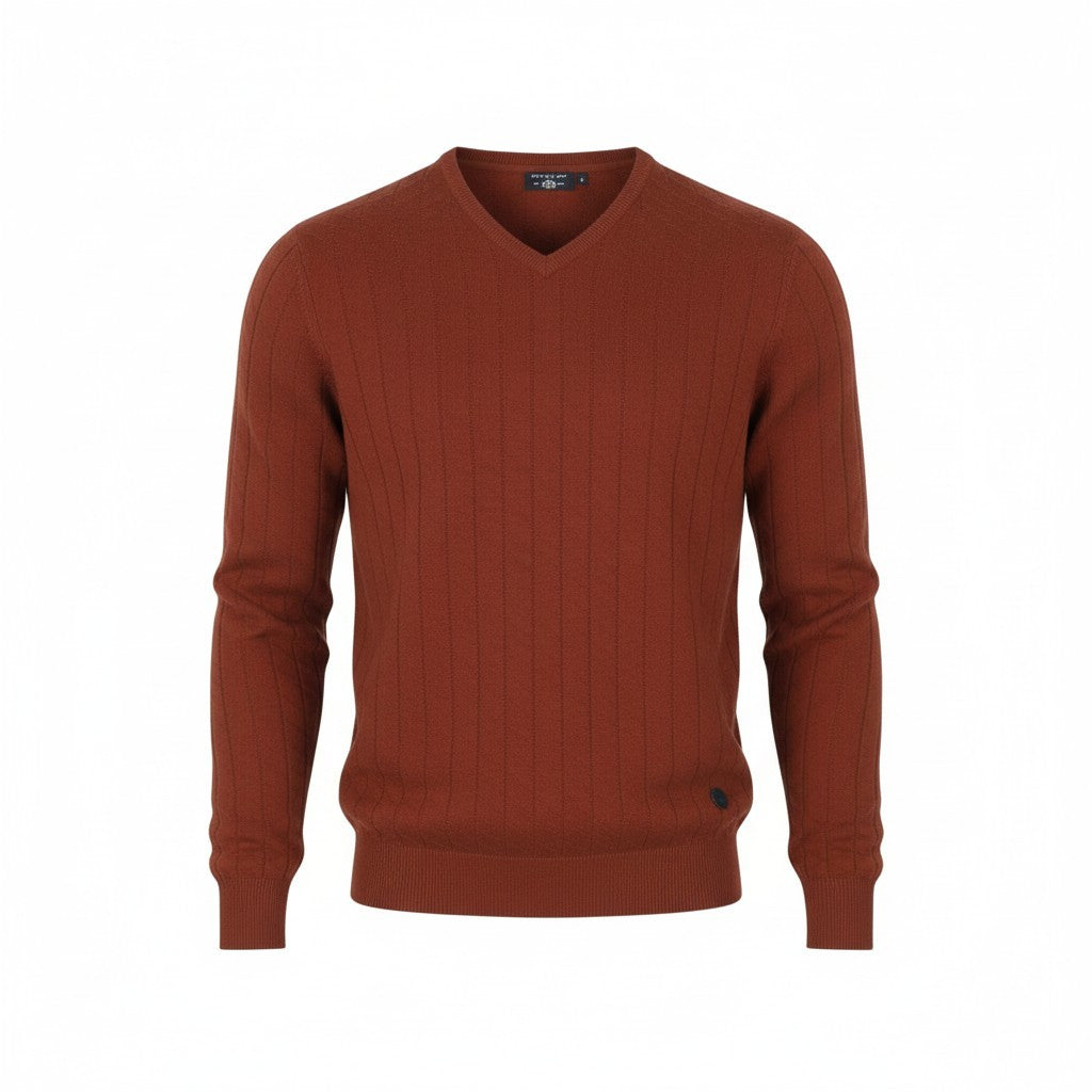 STATE OF ART Men's Jumper S Brown Cotton Tight-Knit V-Neck Pull On