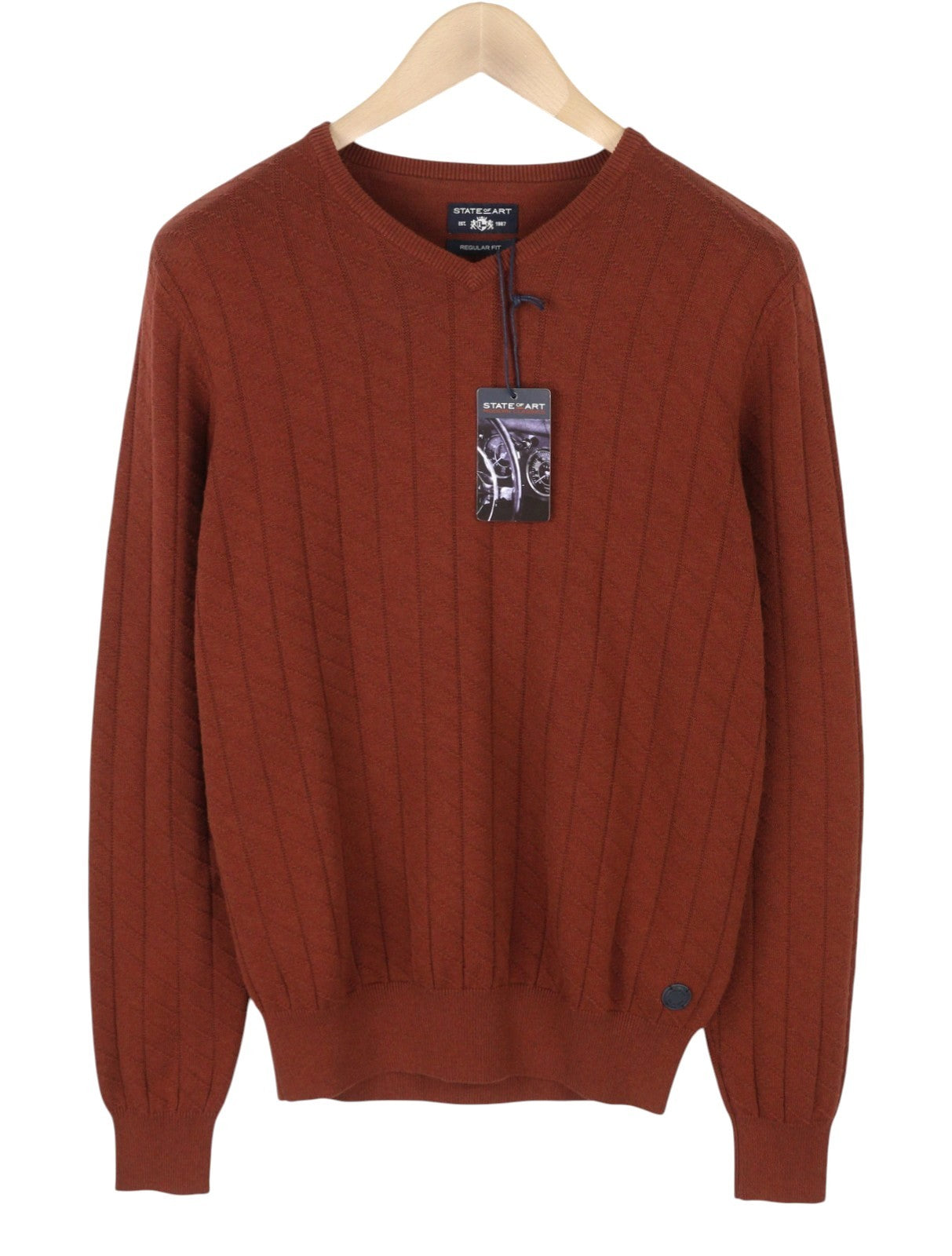 STATE OF ART Men's Jumper S Brown Cotton Tight-Knit V-Neck Pull On