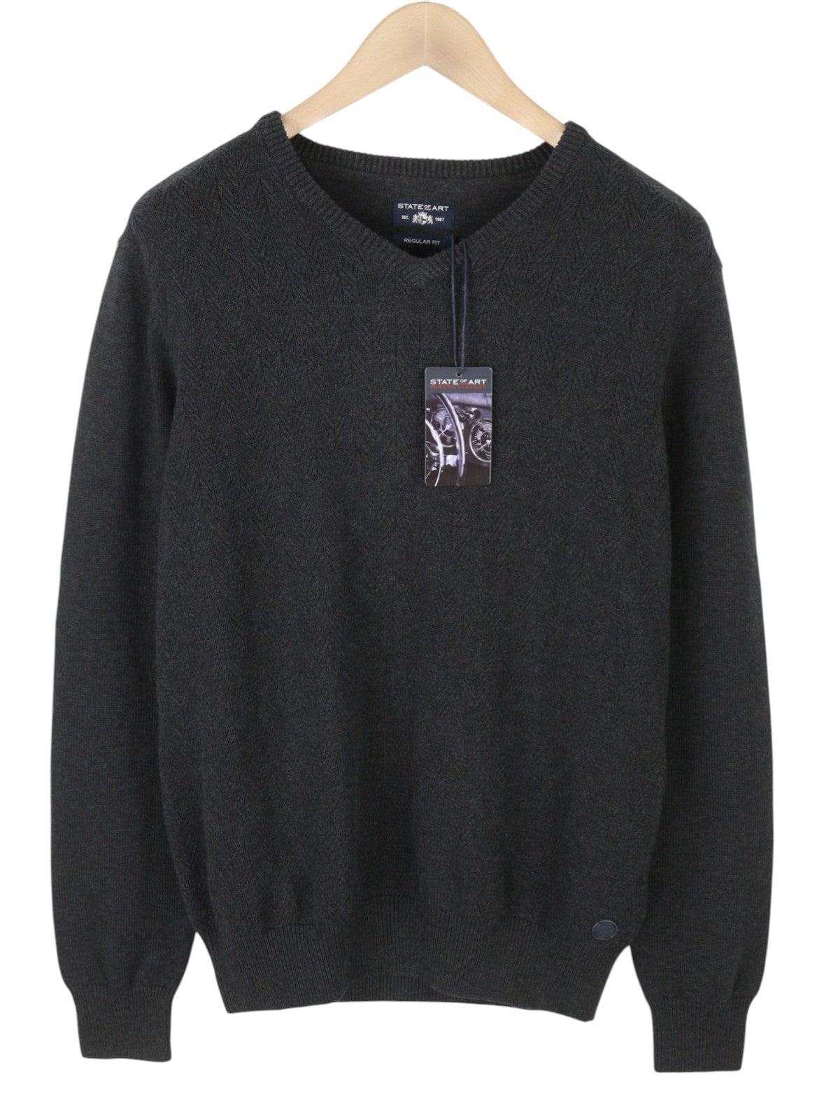 STATE OF ART Men's Jumper L Dark Grey Herringbone V-Neck Knit Pull On