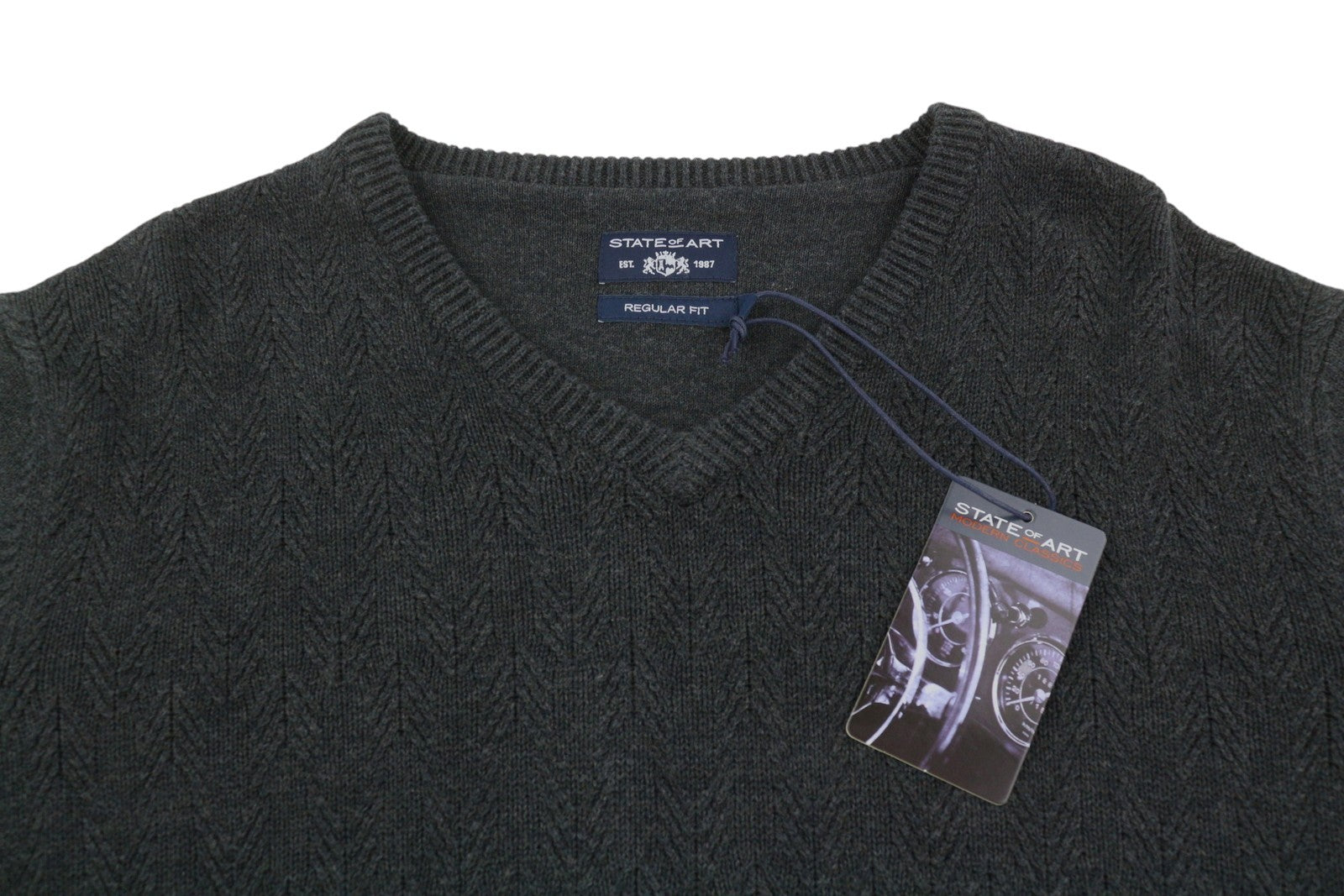 STATE OF ART Men's Jumper L Dark Grey Herringbone V-Neck Knit Pull On