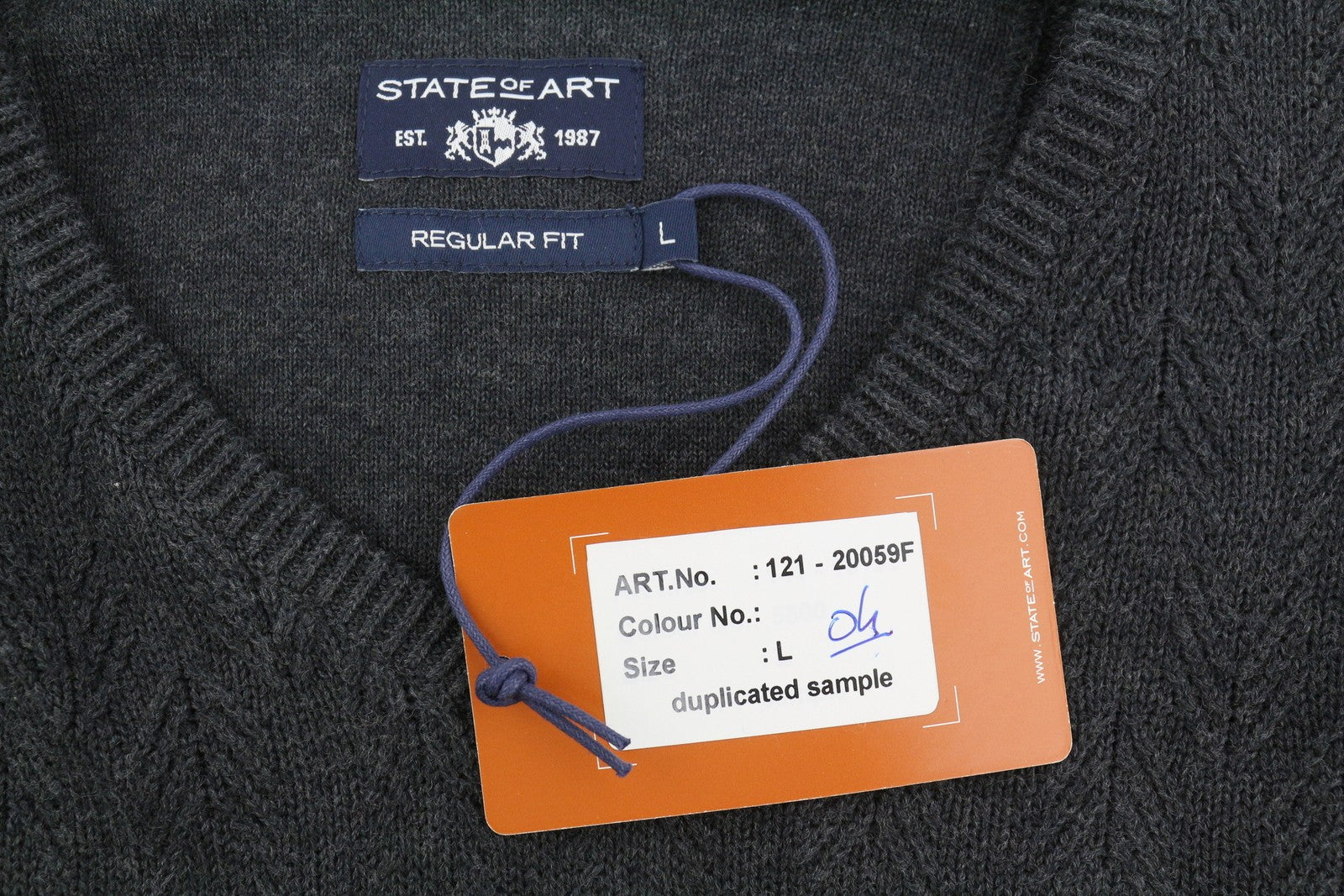 STATE OF ART Men's Jumper L Dark Grey Herringbone V-Neck Knit Pull On