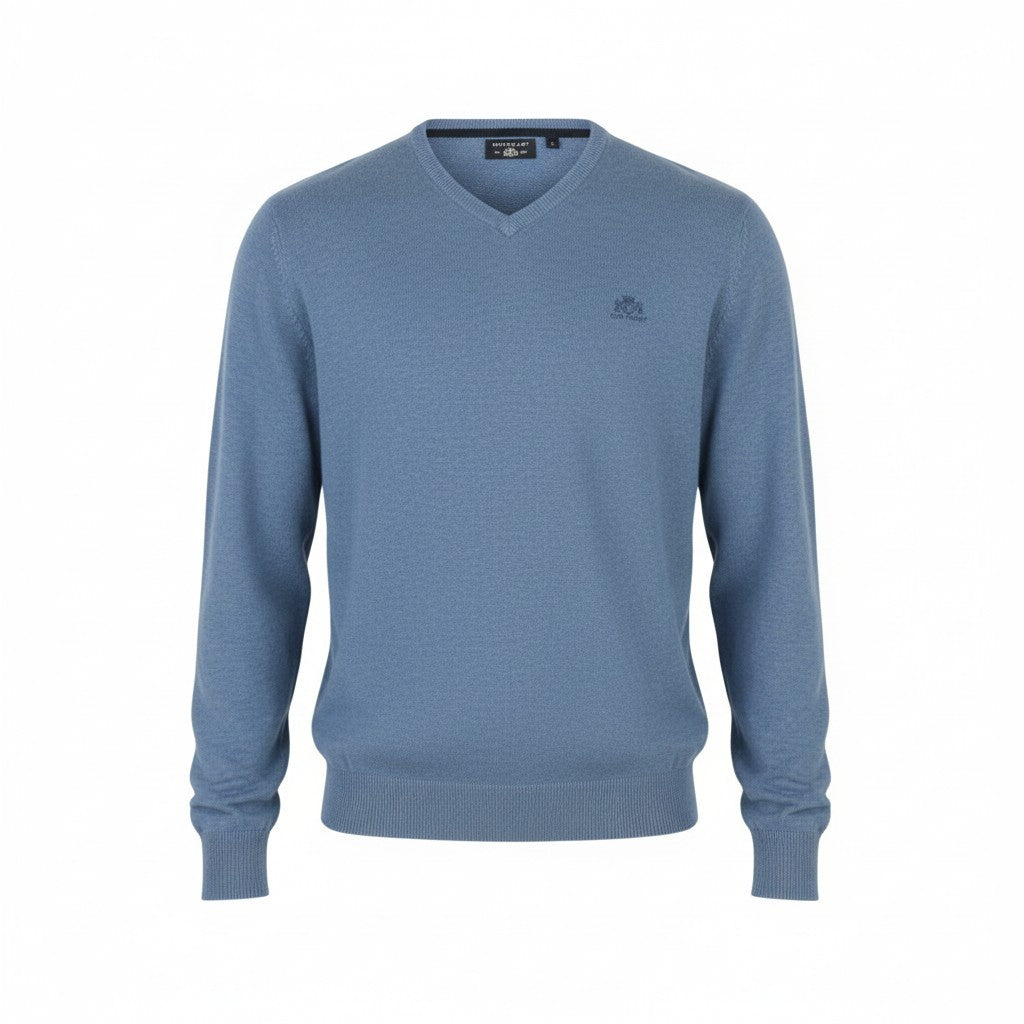 STATE OF ART Men's Jumper S Blue Melange Cotton V-Neck Knit Pull On