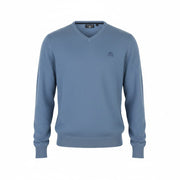 STATE OF ART Men's Jumper S Blue Melange Cotton V-Neck Knit Pull On