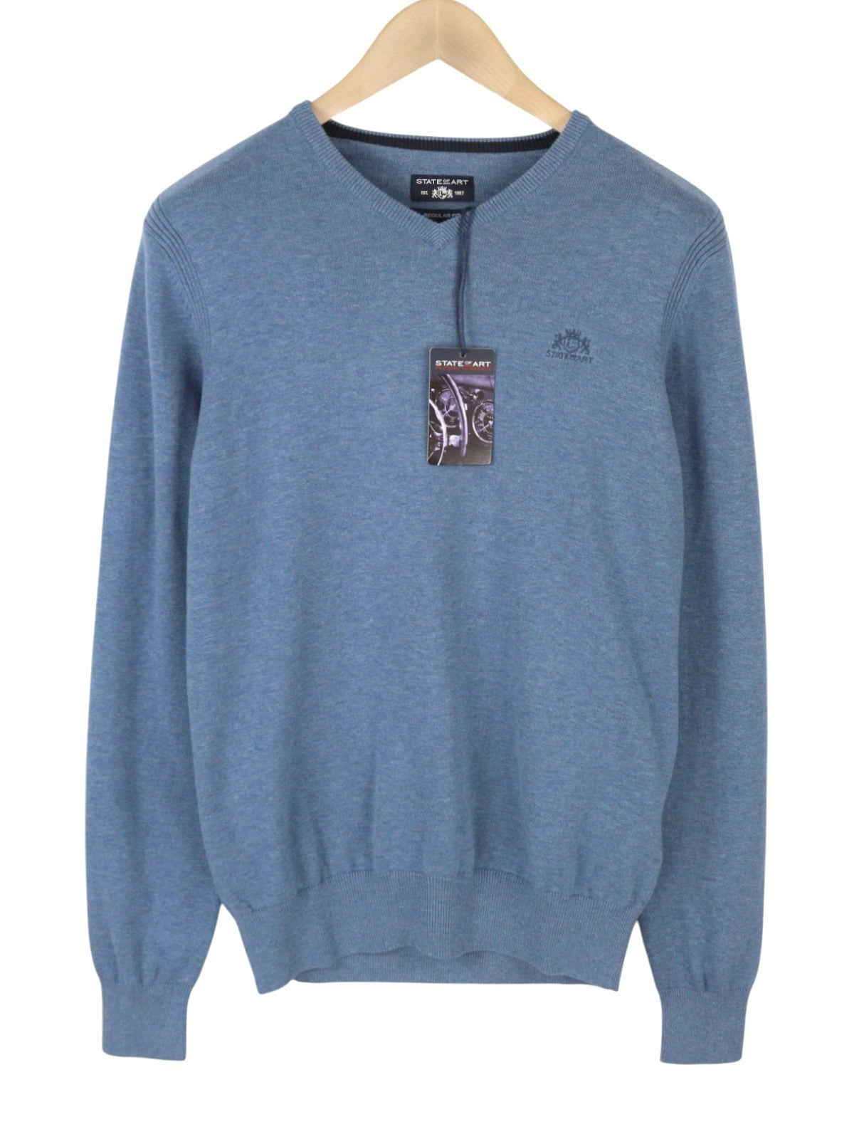 STATE OF ART Men's Jumper S Blue Melange Cotton V-Neck Knit Pull On