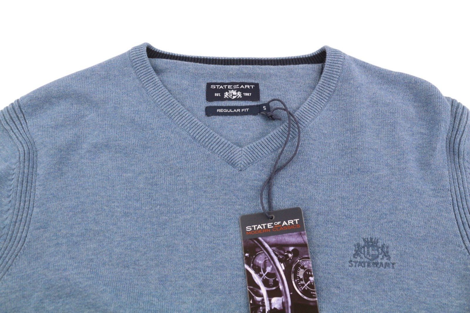 STATE OF ART Men's Jumper S Blue Melange Cotton V-Neck Knit Pull On