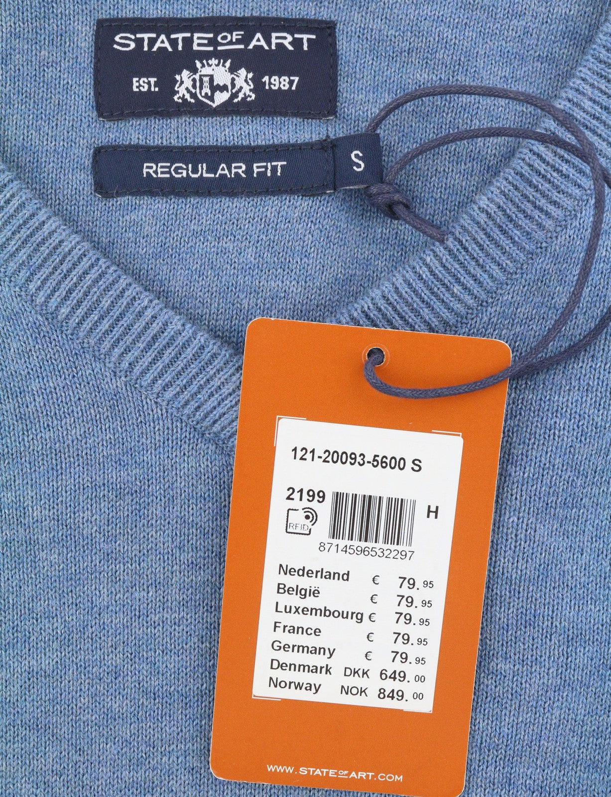 STATE OF ART Men's Jumper S Blue Melange Cotton V-Neck Knit Pull On