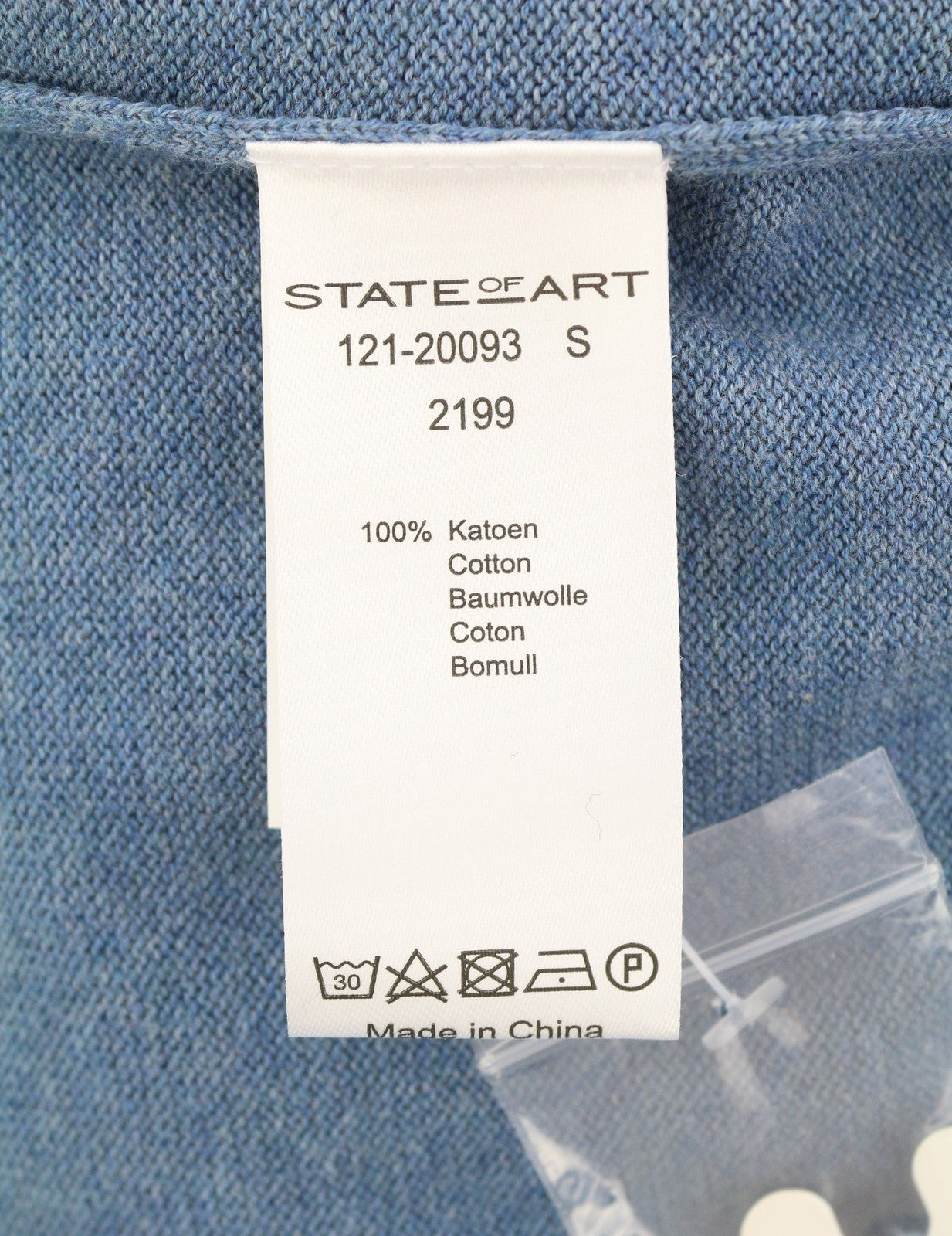 STATE OF ART Men's Jumper S Blue Melange Cotton V-Neck Knit Pull On