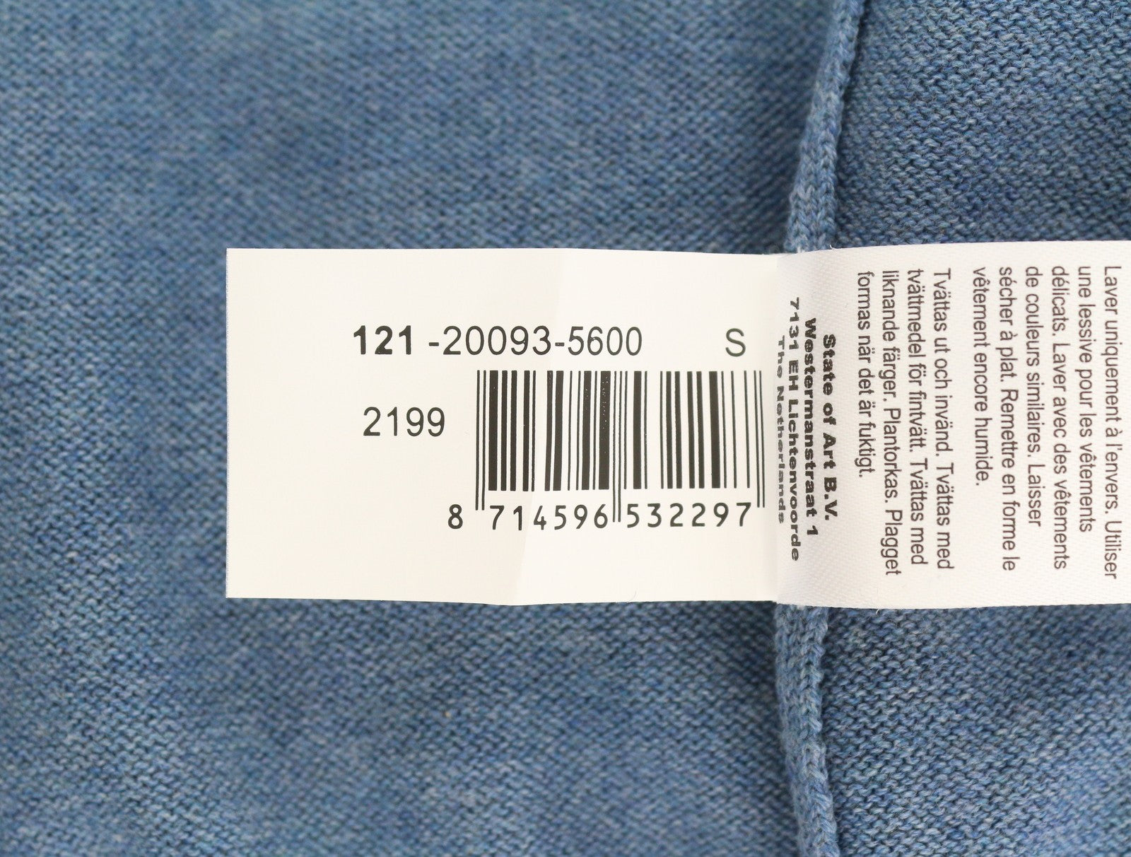 STATE OF ART Men's Jumper S Blue Melange Cotton V-Neck Knit Pull On