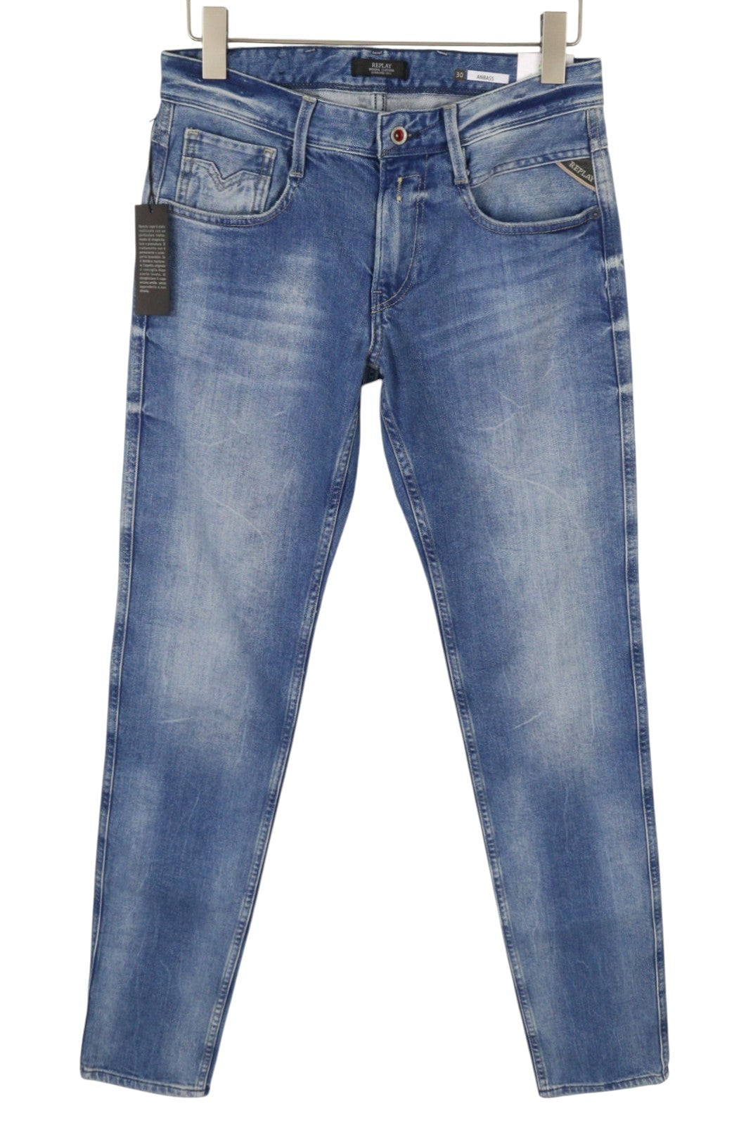 REPLAY Anbass Men's Jeans W30/L34 Blue Slim Fit Faded Whiskers Zip Fly
