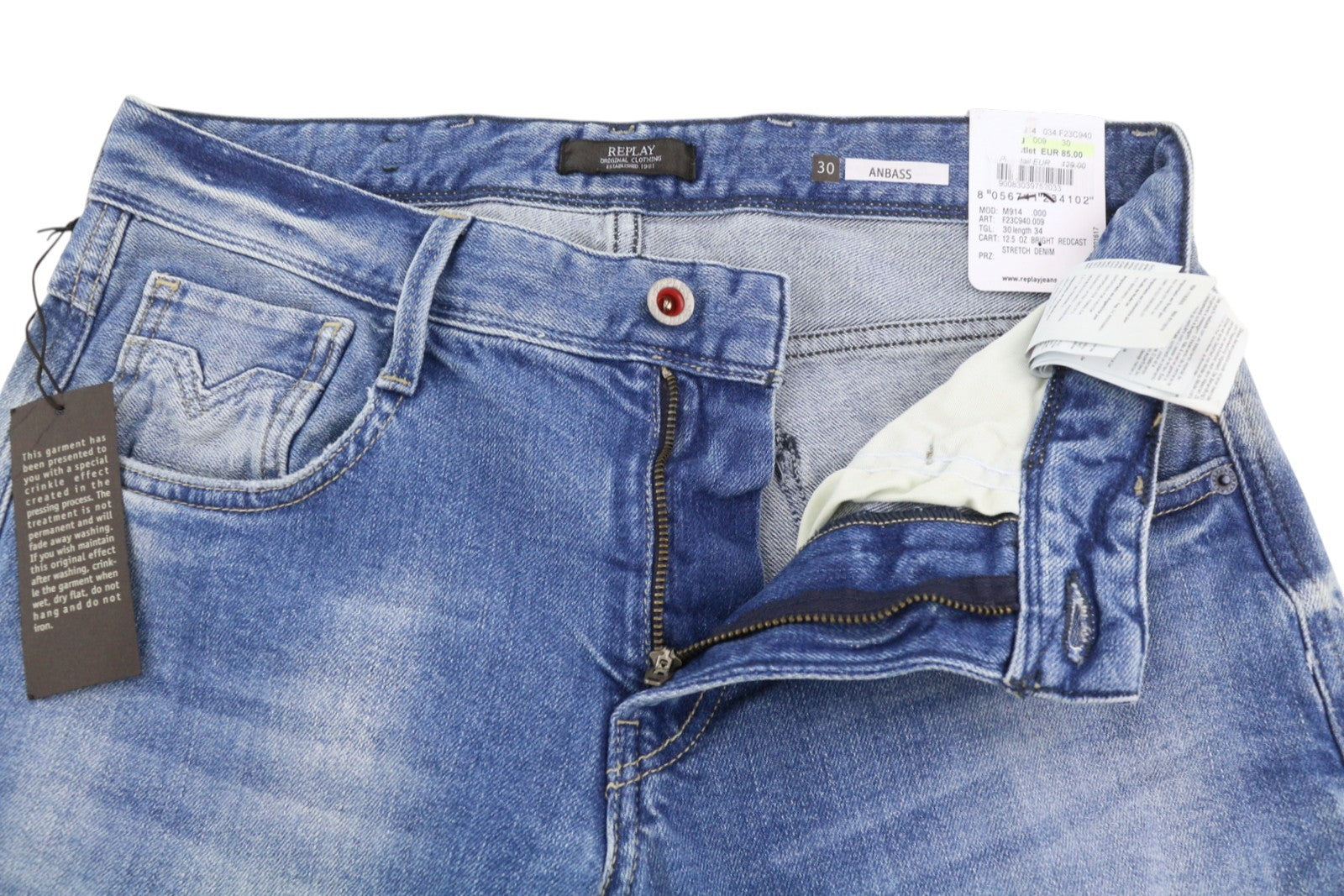 REPLAY Anbass Men's Jeans W30/L34 Blue Slim Fit Faded Whiskers Zip Fly