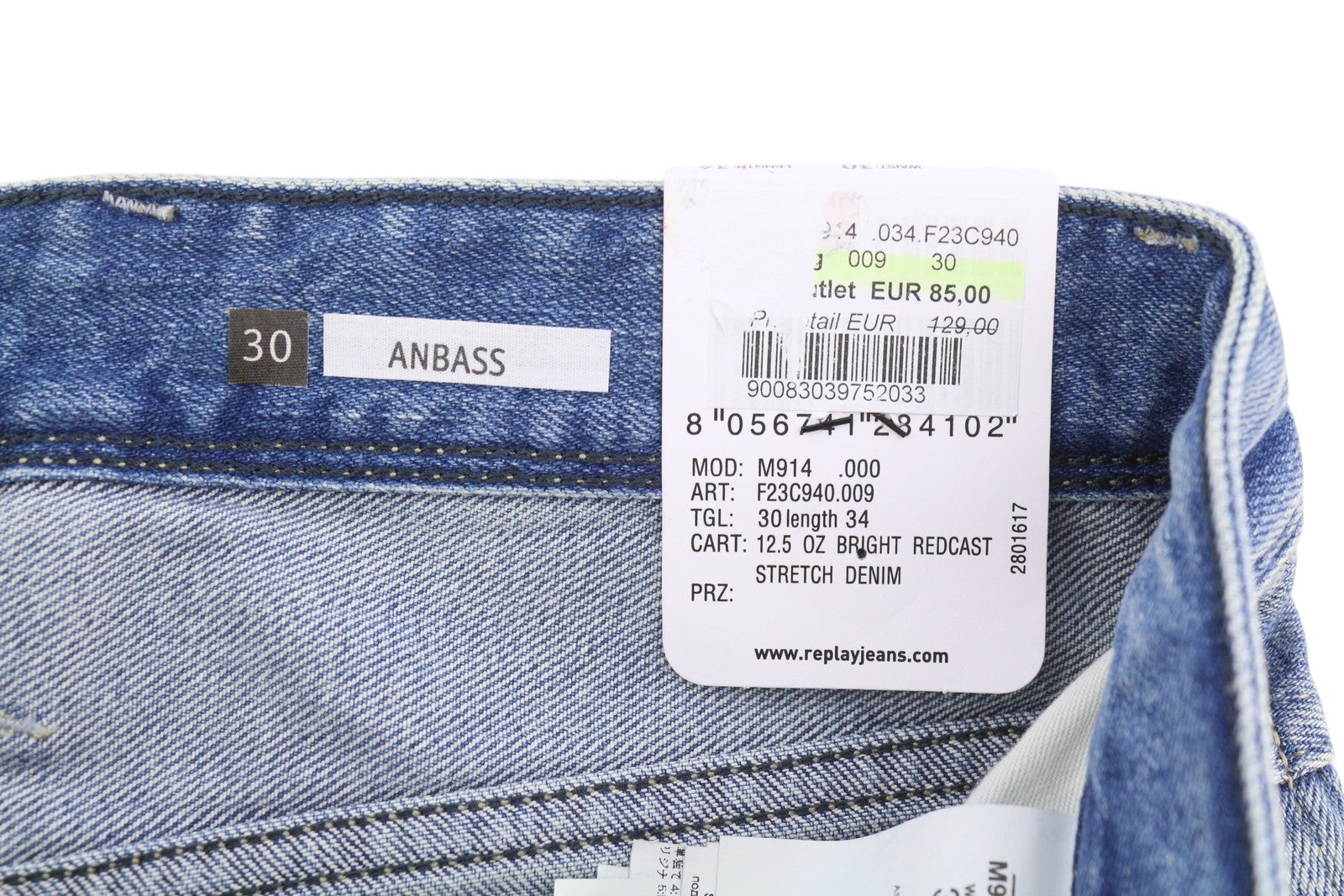 REPLAY Anbass Men's Jeans W30/L34 Blue Slim Fit Faded Whiskers Zip Fly