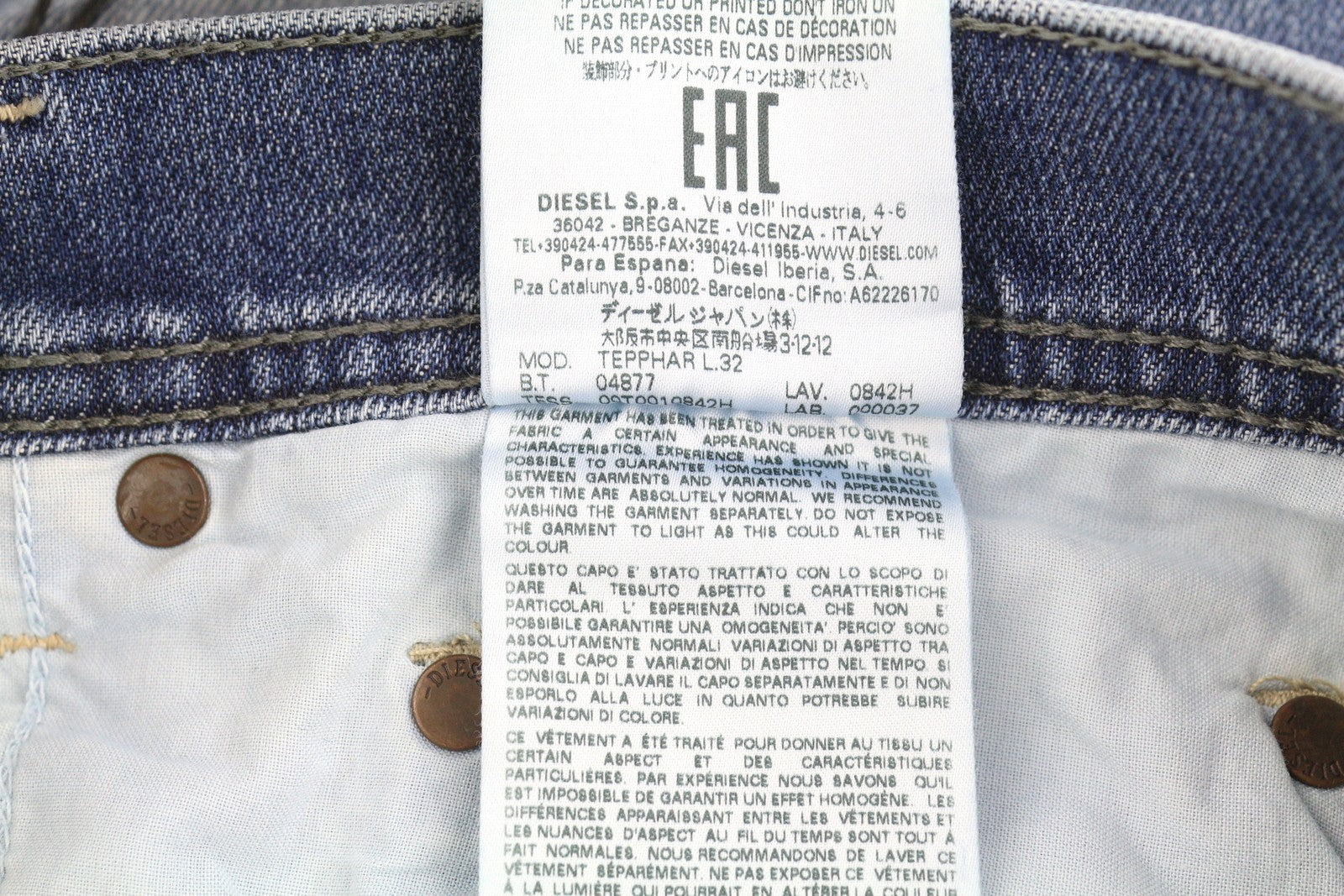 DIESEL Tepphar 0842H Men's Jeans W33/L32 Blue Slim Carrot Faded Stretch
