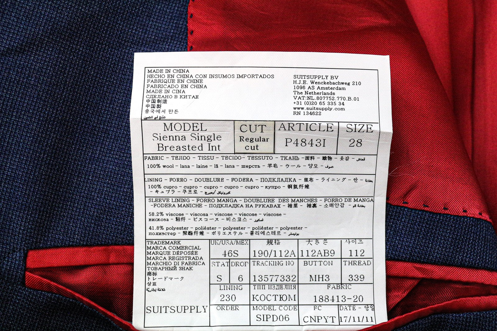 „SUITSUPPLY Sienna“ vyriškas švarkas „UK46S“ mėlynas, vilnonis, „Super 130's“, vienaeilis 