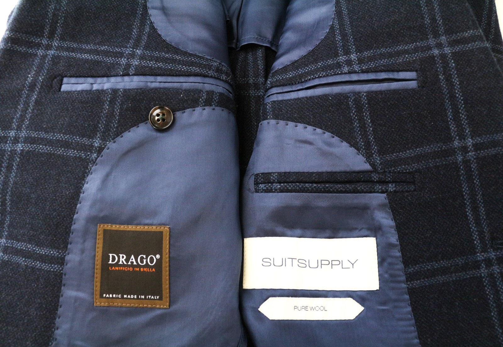 SUITSUPPLY vyriškas švarkas „Havana“ su plonu mėlynu languotu švarku, UK34R, su grynos vilnos pamušalu 