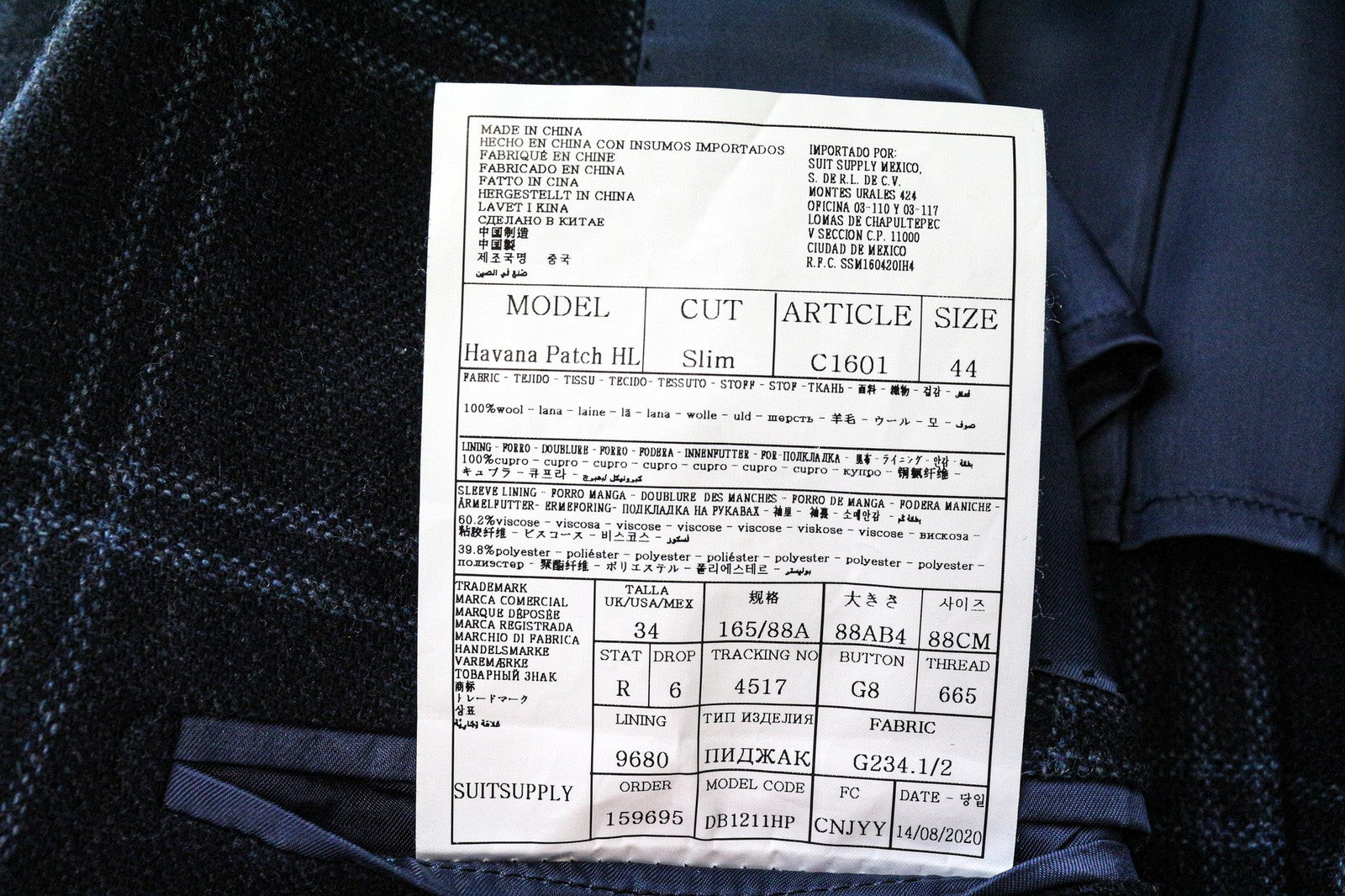 SUITSUPPLY vyriškas švarkas „Havana“ su plonu mėlynu languotu švarku, UK34R, su grynos vilnos pamušalu 