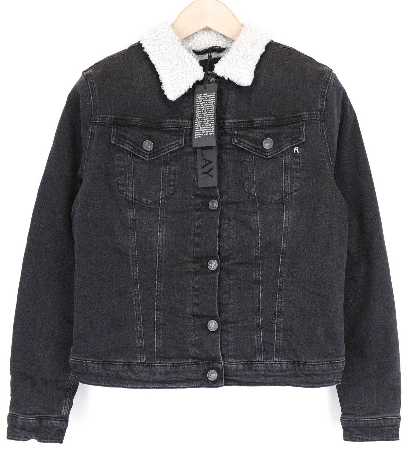 REPLAY Women's Jacket L Black Washed Denim Lined Stretch Cotton Collared Casual