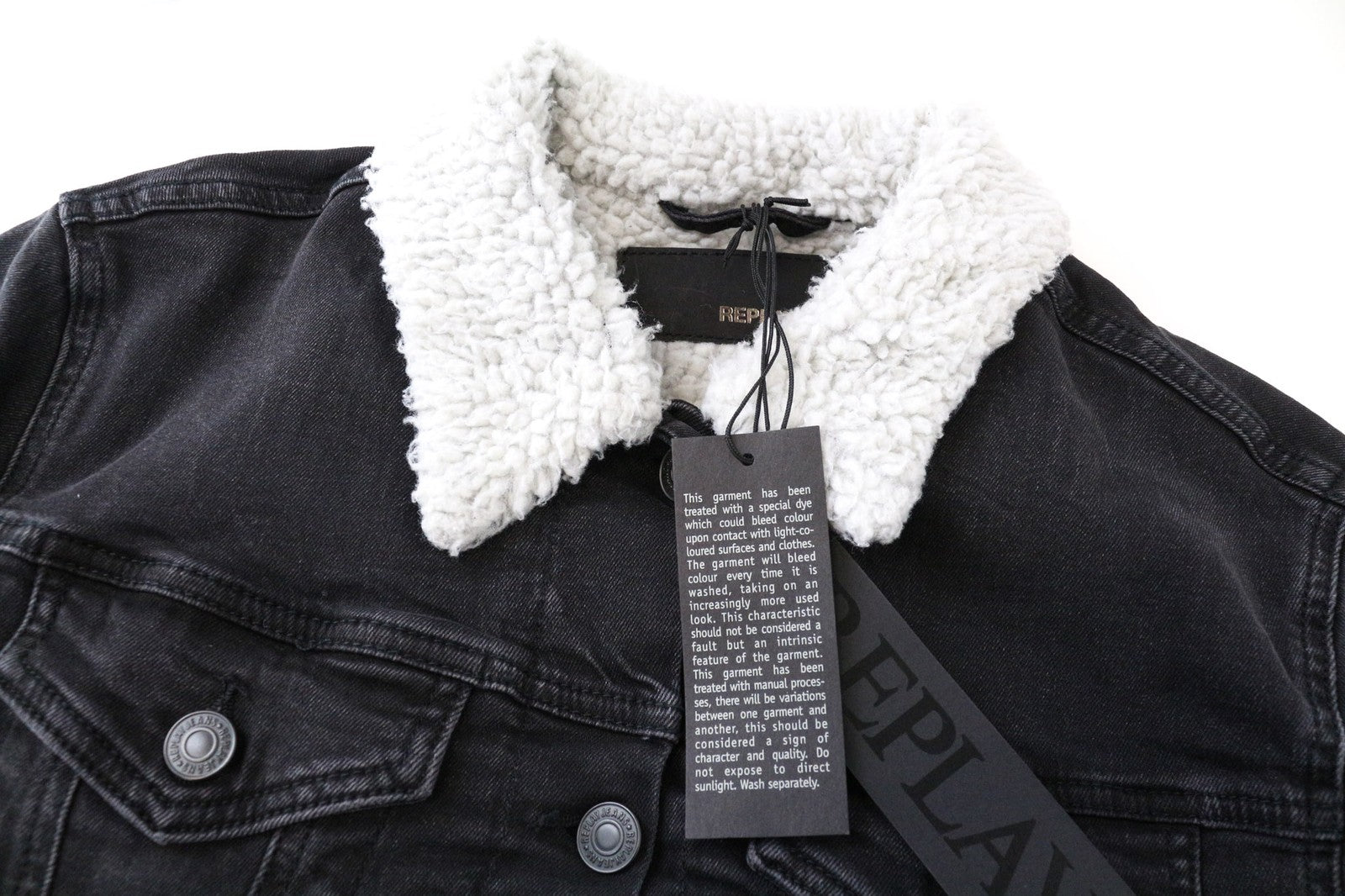 REPLAY Women's Jacket L Black Washed Denim Lined Stretch Cotton Collared Casual