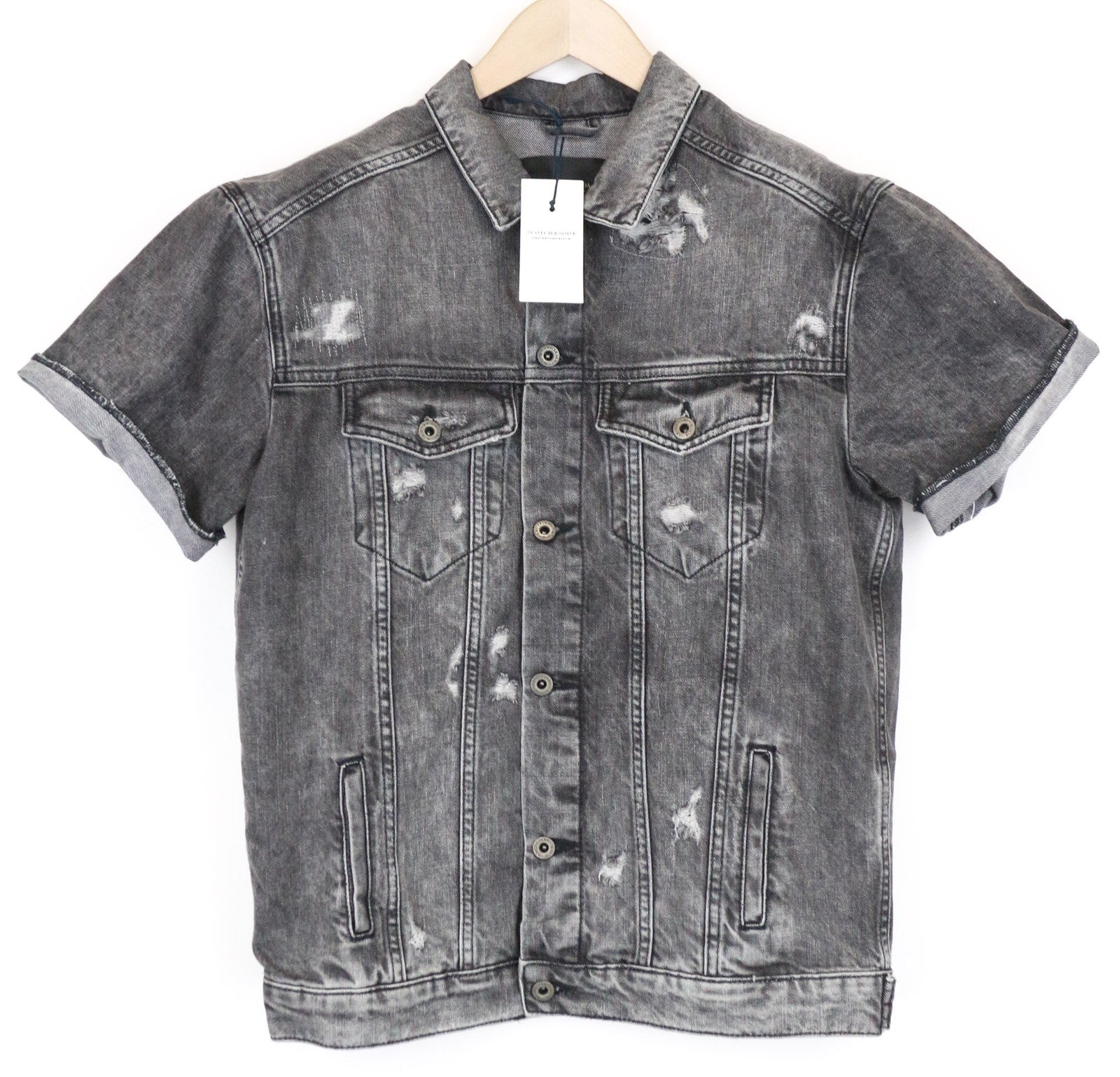 SCOTCH &amp; SODA Ams Blauw moteriški marškinėliai S pilki džinsinio audinio skalbtos medvilnės trumpomis rankovėmis