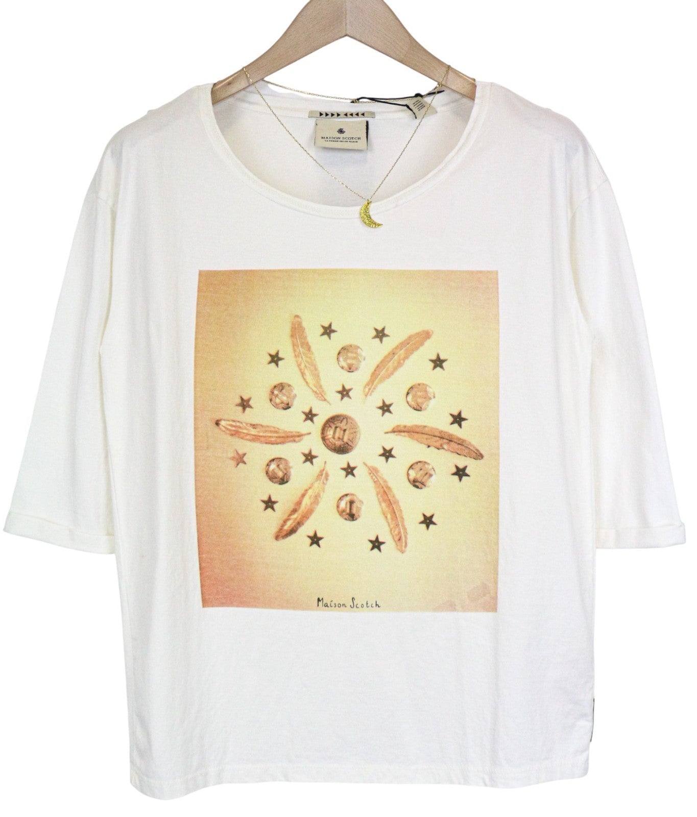 MAISON SCOTCH moteriški marškinėliai S dydžio, balkšvi, megztinis su trumpomis rankovėmis, medvilninis logotipas 