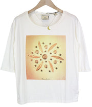 MAISON SCOTCH moteriški marškinėliai S dydžio, balkšvi, megztinis su trumpomis rankovėmis, medvilninis logotipas 