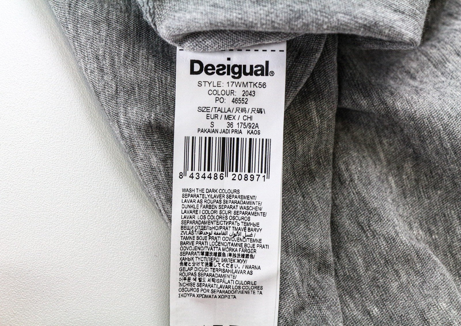 DESIGUAL Bitrio Men's T-Shirt S Grey Cotton Blend Pullover Logo Long Sleeved
