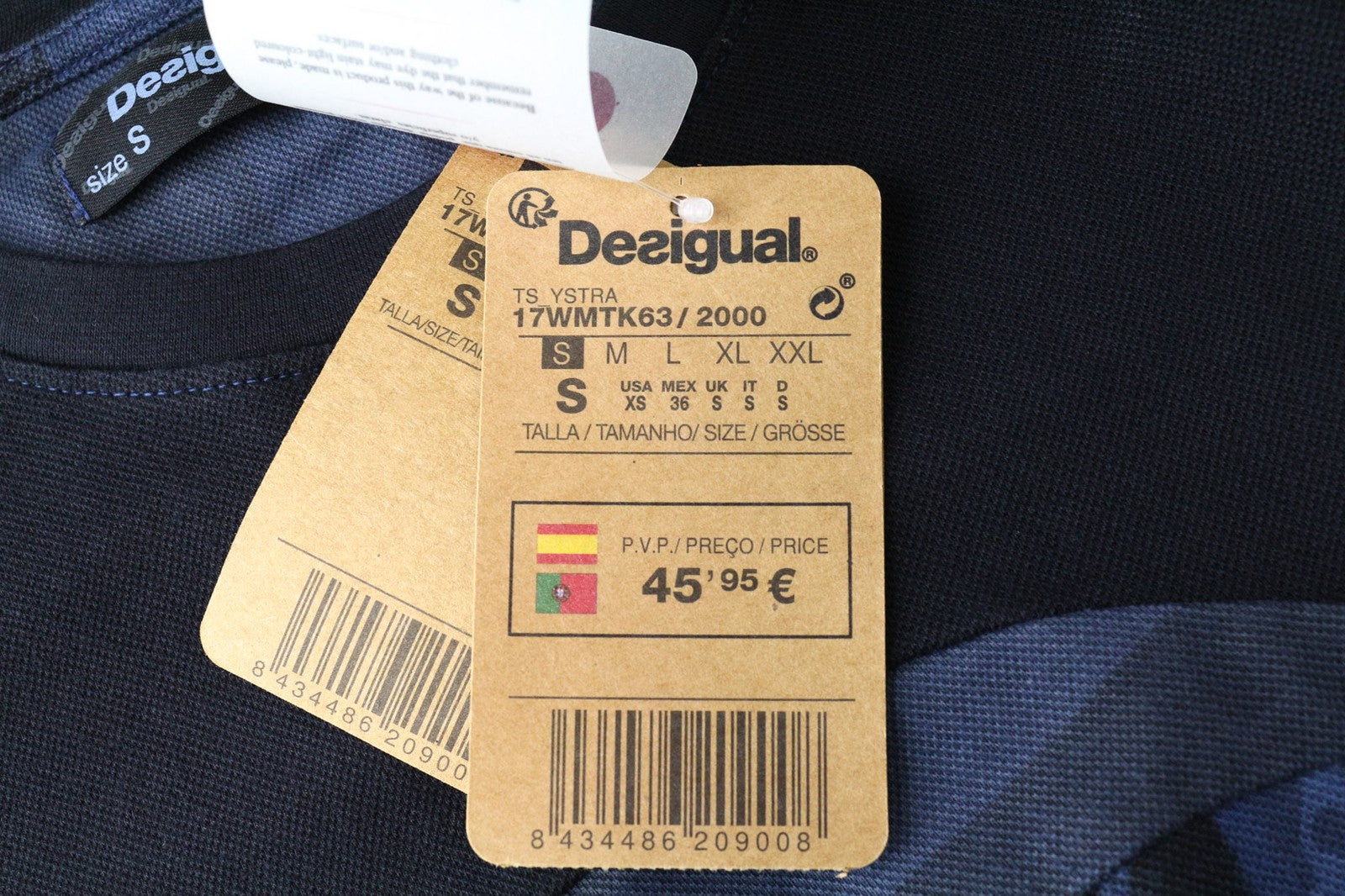 DESIGUAL Ystra Men's T-Shirt S Blue Stretch Cotton Pullover Logo Short Sleeve