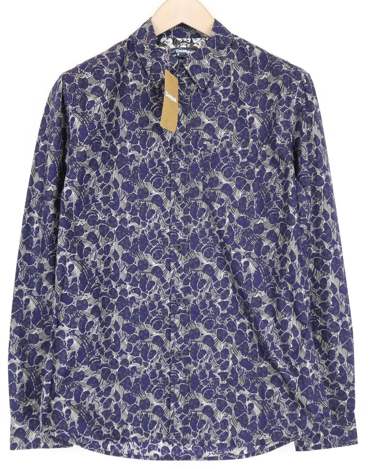 DESIGUAL David vyriški marškinėliai S ploni raštu, mėlyni, grynos medvilnės, laisvalaikio, ilgomis rankovėmis