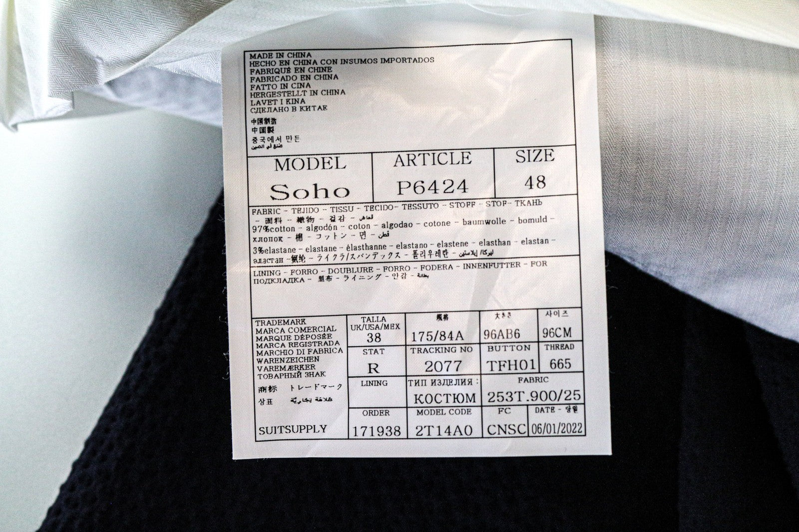 SUITSUPPLY Havana Men's Suit UK38R Blue Slim 2Pc Cotton Stretch Crinkle Unlined