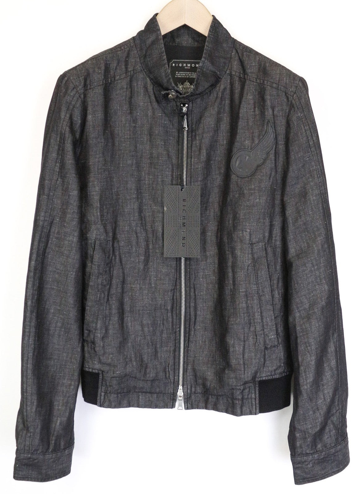 RICHMOND vyriška striukė IT48, juoda, aukštu kaklu, lininis medvilnės mišinio audinys, dizainerio stiliaus 