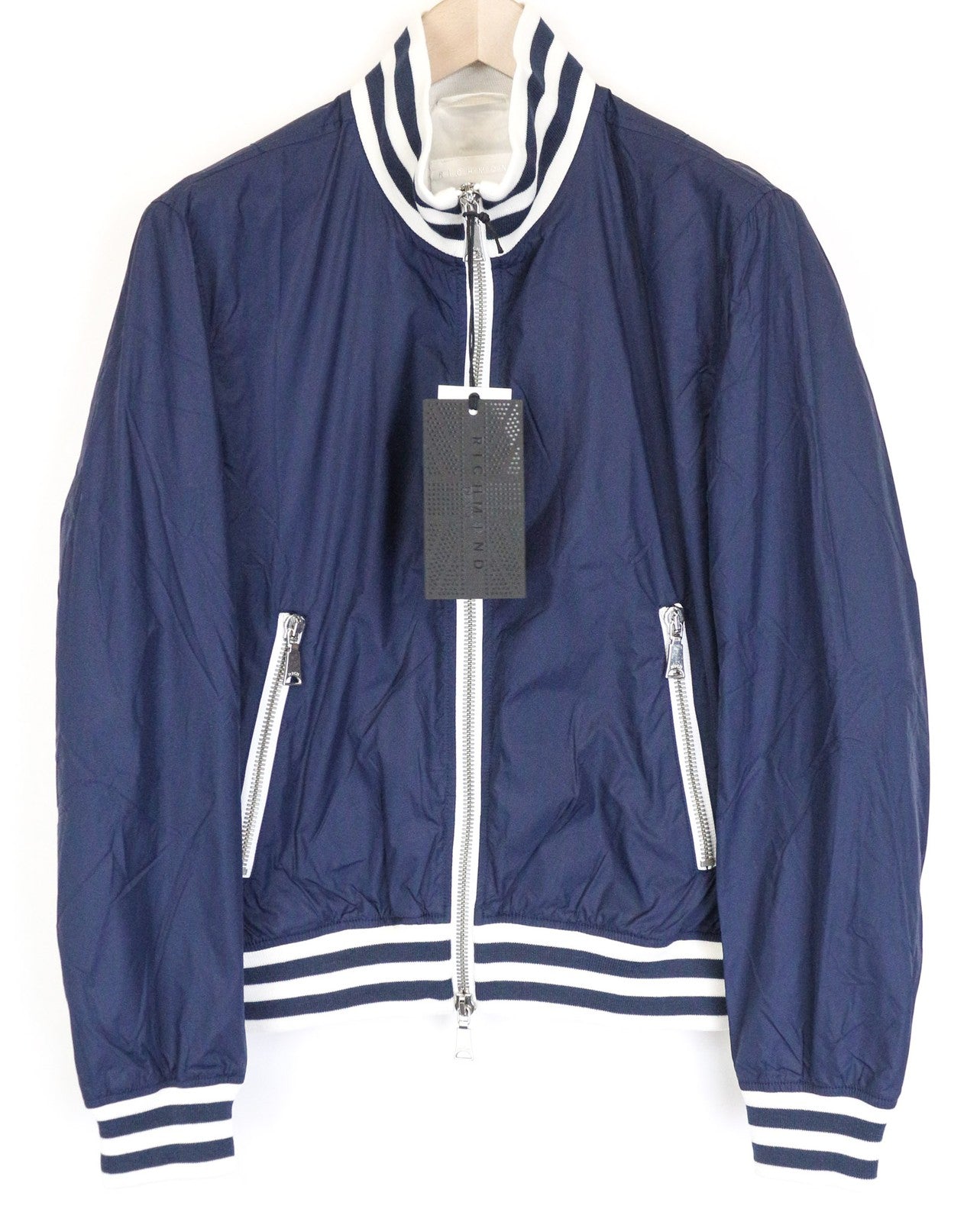 RICHMOND vyriška IT46 tamsiai mėlyna beisbolo stiliaus striukė su briaunomis ir pamušalu, dizainerio aukštu kaklu 