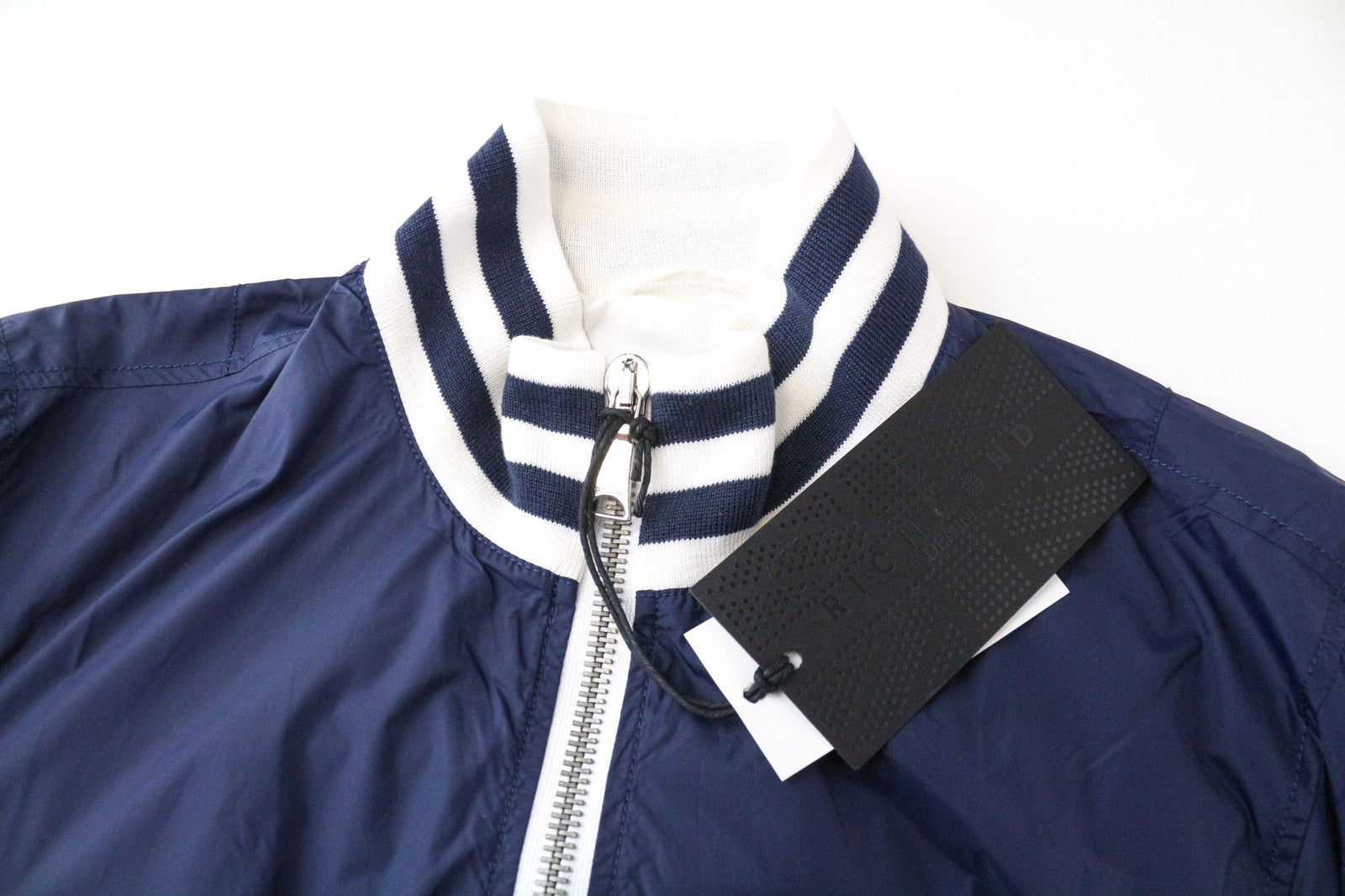 RICHMOND vyriška IT46 tamsiai mėlyna beisbolo stiliaus striukė su briaunomis ir pamušalu, dizainerio aukštu kaklu 