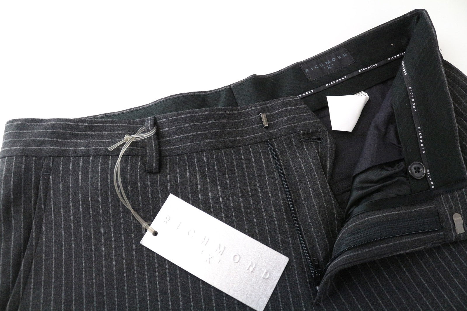 RICHMOND Men's Trousers 48 Dark Grey Striped Stretch Pleated Classic Pattern