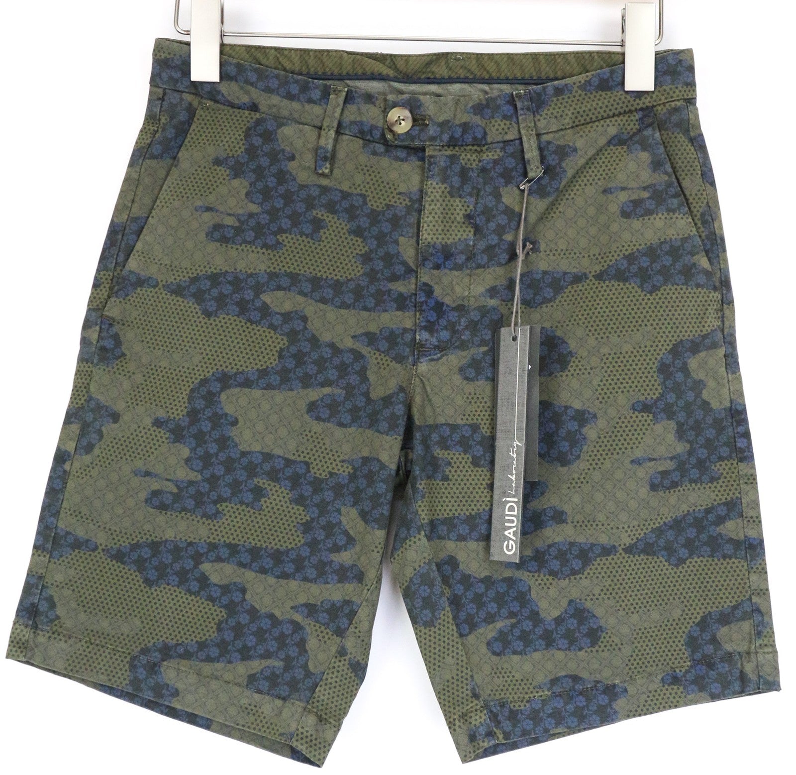 GAUDI vyriški šortai 44 W30 žali mėlyni raštuoti medvilniniai tamprūs laisvalaikio vasariniai drabužiai 
