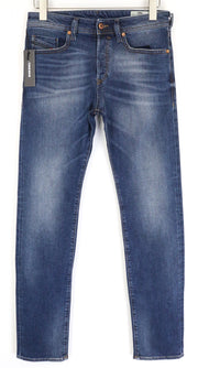 DIESEL Buster 084NS vyriški džinsai W28/L32 mėlyni, siaurėjantys, ploni, tamprūs, skalbti medvilniniai džinsai 