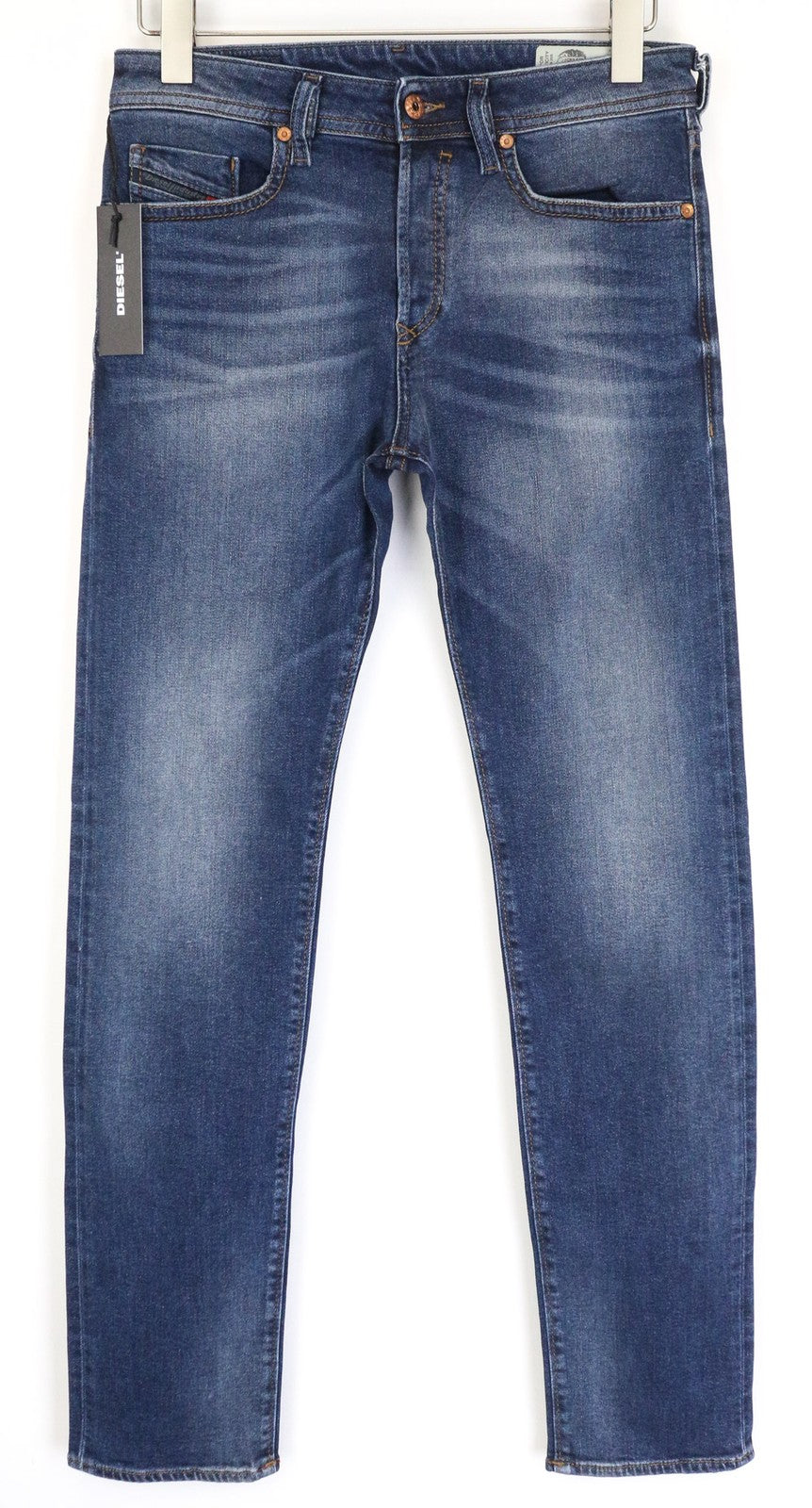 DIESEL Buster 084NS vyriški džinsai W28/L32 mėlyni, siaurėjantys, ploni, tamprūs, skalbti medvilniniai džinsai 