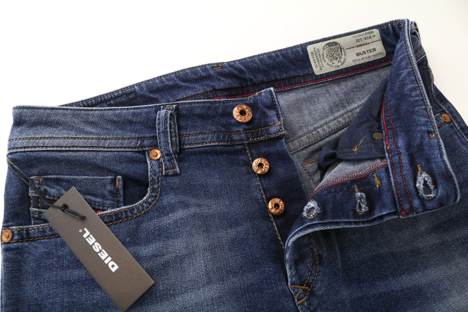 DIESEL Buster 084NS vyriški džinsai W28/L32 mėlyni, siaurėjantys, ploni, tamprūs, skalbti medvilniniai džinsai 