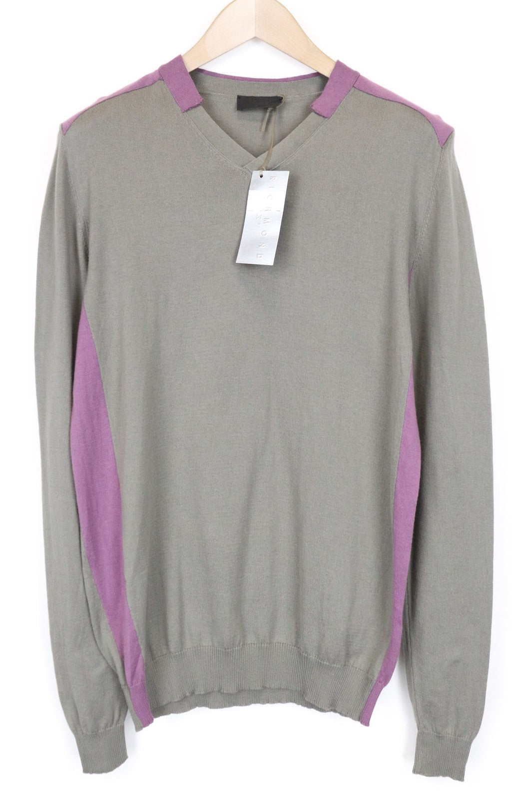 RICHMOND vyriškas megztinis IT50 pilkas, V formos iškirpte, tvirtai megztas, grynos medvilnės megztinis su lopais 