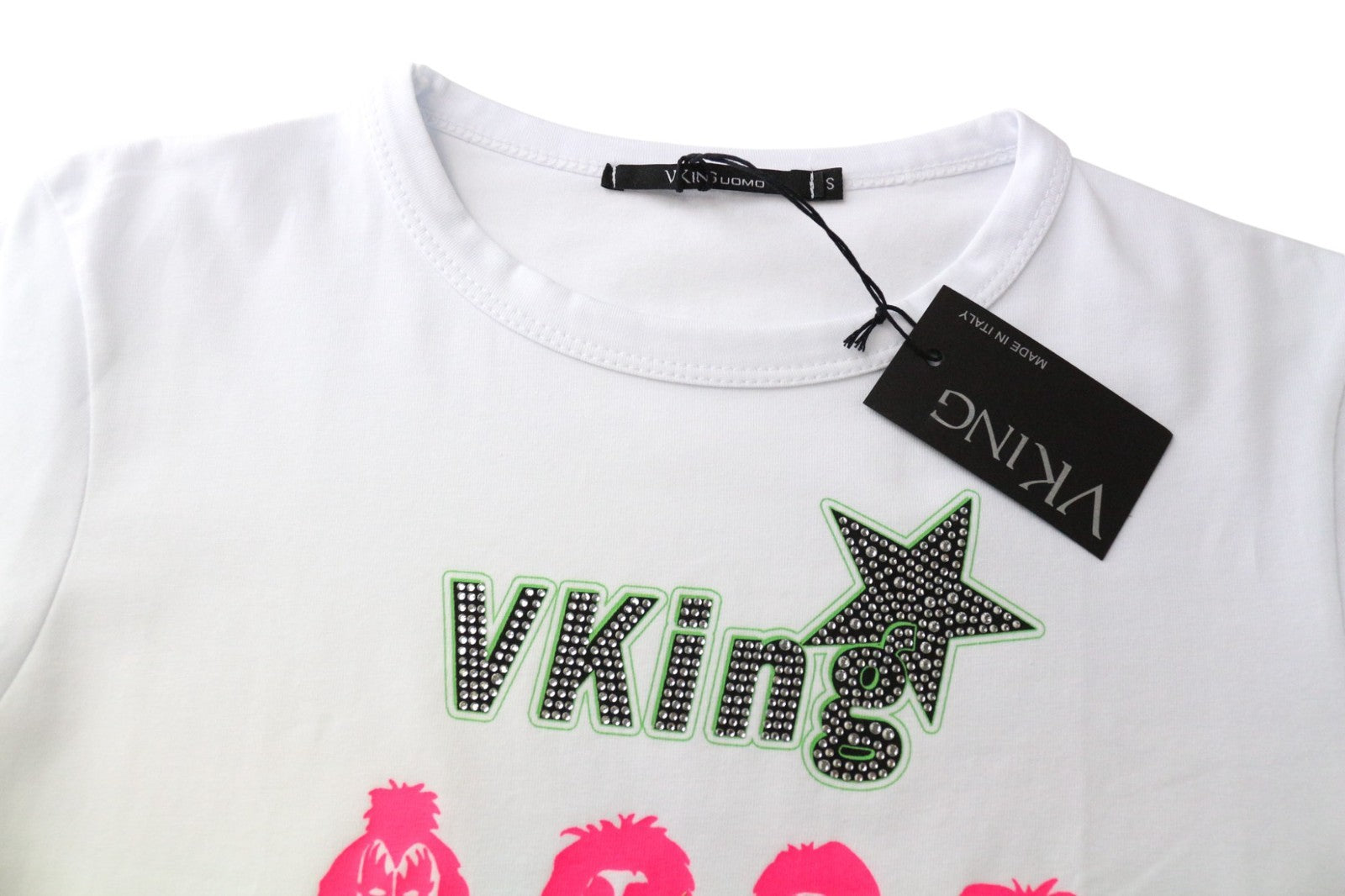 VKING Men's T-Shirt S White Cotton Blend Stretch Graphic Print Crew Neck